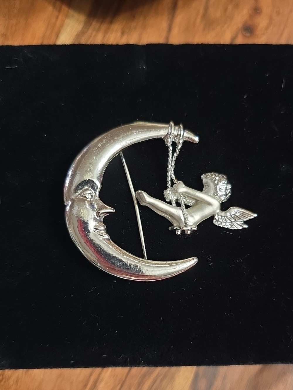 Vintage AJC Silver Tone Crescent Moon and Cherub Brooch